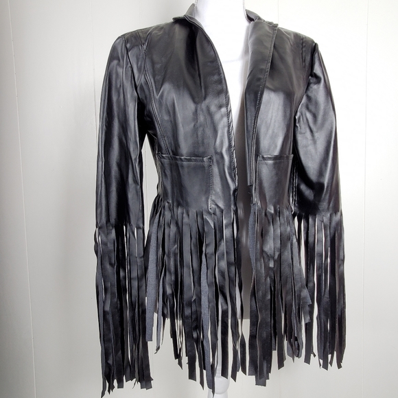 cropped fringe black faux leather coat size by Asos